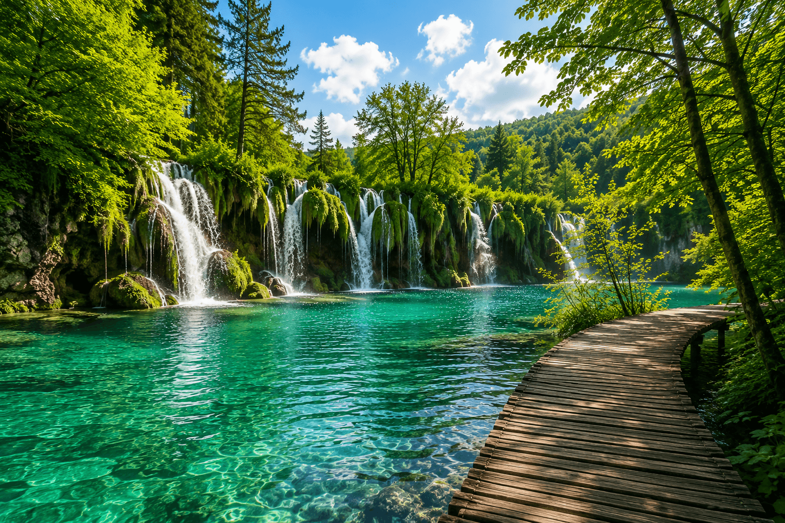 Ilustrativni prikaz jezera i slapova — podsjetnik na NP Plitvička jezera (placeholder).